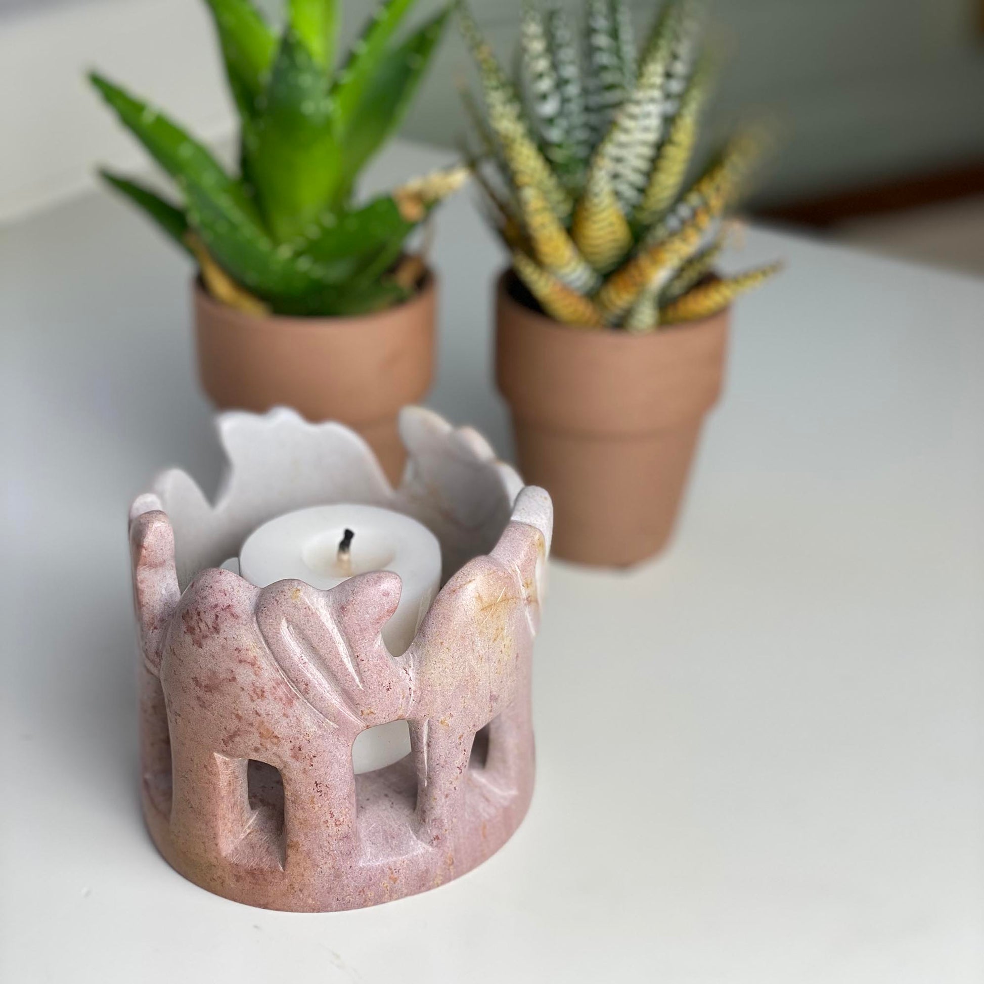 Circle of Elephants Soapstone Sculpture, 3 to 3.5-inch - Light Natural Stone    Home Decor Supply | Online Retail | ShoreShopper.com