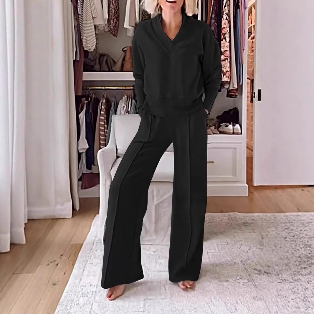 Women's Pullover Suit Casual Collared Long-Sleeved V-neck Top And Loose Straight-Leg Pants Fashion Sweatshirt Sport Trousers Set    Home Decor Supply | Online Retail | ShoreShopper.com