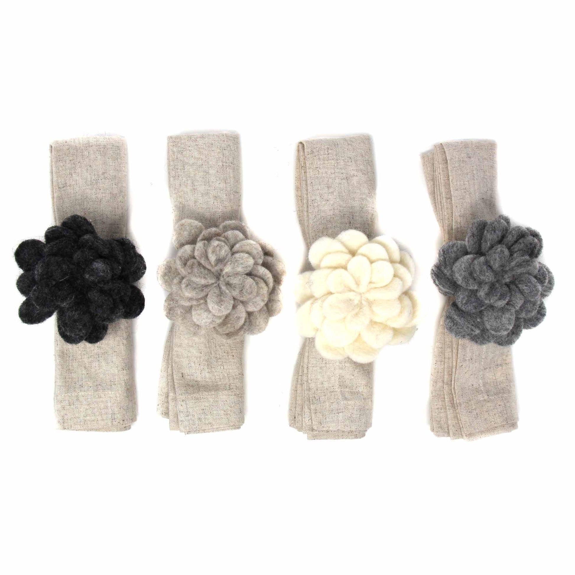 Hand Crafted Felt: Set of 4 Napkin Rings, Assorted Neutral Color Zinnias    Home Decor Supply | Online Retail | ShoreShopper.com