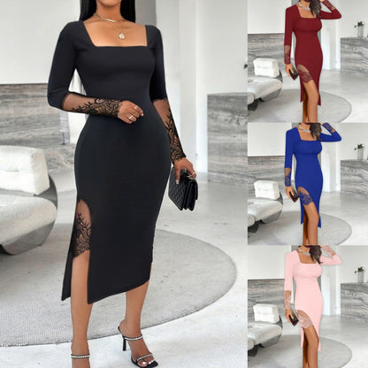 Solid Color Lace Splice Split Dress Women's Fashion Elegant Style Midi Skirt Long Sleeve Square Collar Polyester Fabric    Home Decor Supply | Online Retail | ShoreShopper.com