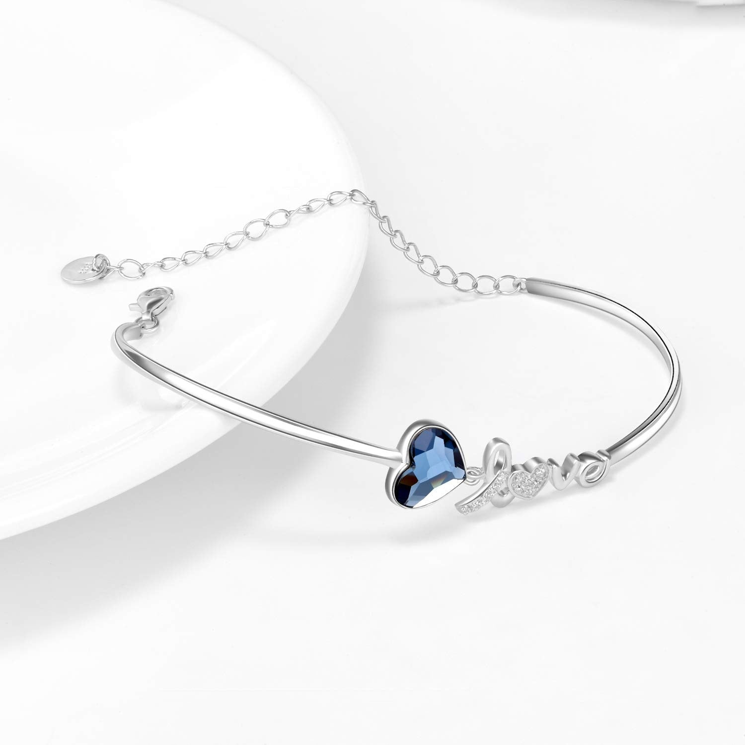 Blue Crystals from Austria Love Heart Bangle Bracelet in White Gold Plated Sterling Silver - ShoreCo.Shop