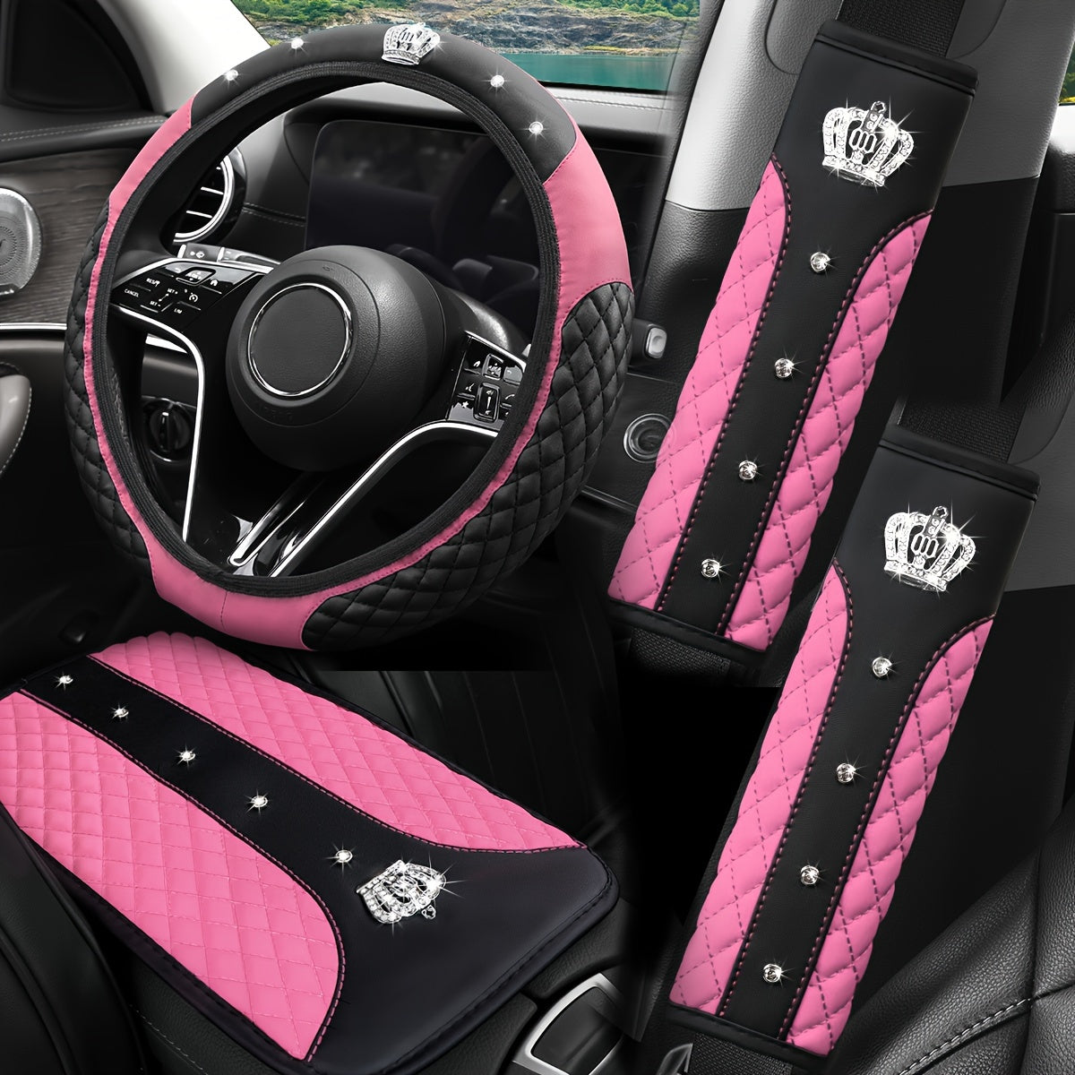 PU Leather Car Steering Wheel Cover Set, Carbon Fiber Pattern, Shoulder Pads, Leather Armrest, 4 pcs, for Comfortable Driving    Home Decor Supply | Online Retail | ShoreShopper.com