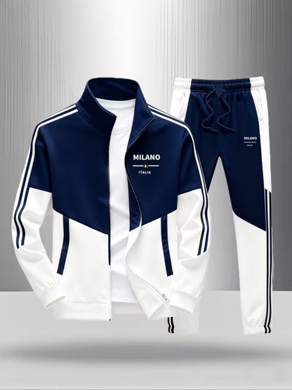 Track Jacket Pants Set Men's Fashion Casual Trendy Street Style Sportswear with MILANO ITALIA Letter Print Color Block Design Striped Pattern Men's Outfits for Adults Men Casual Wear Sportswear    Home Decor Supply | Online Retail | ShoreShopper.com