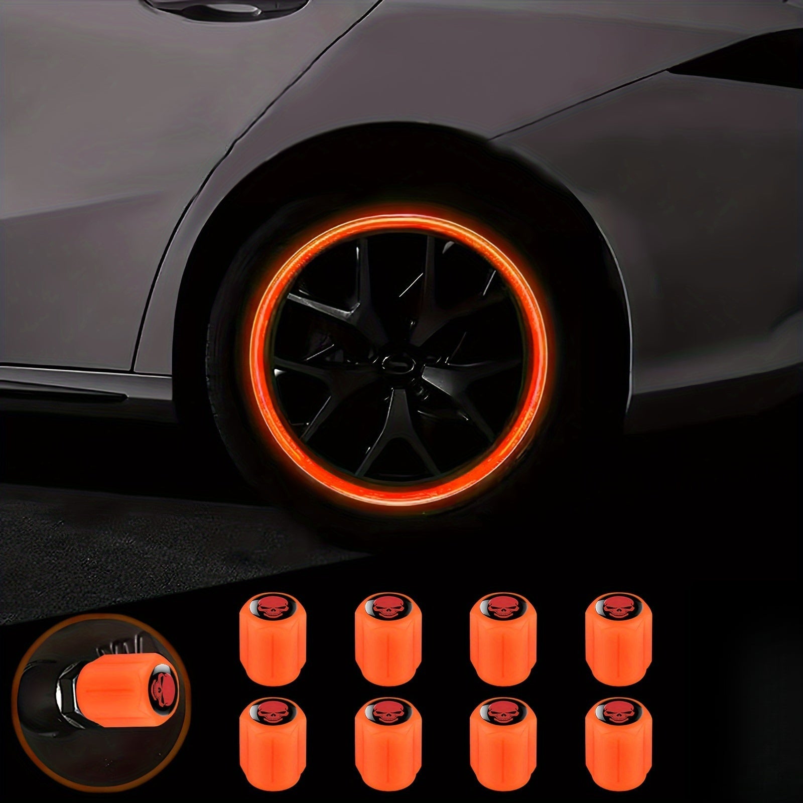 A Collection of Four Glowing Tire Valve Caps Designed to Stop Air from Escaping, Ideal for Vehicles Like Cars, Bikes, And Trucks, Adding a Fashionable Touch    Home Decor Supply | Online Retail | ShoreShopper.com