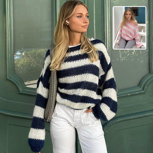 Loose Striped Pullover Sweater Fashion Versatile Long-sleeved Knitted Tops For Women Clothing    Home Decor Supply | Online Retail | ShoreShopper.com