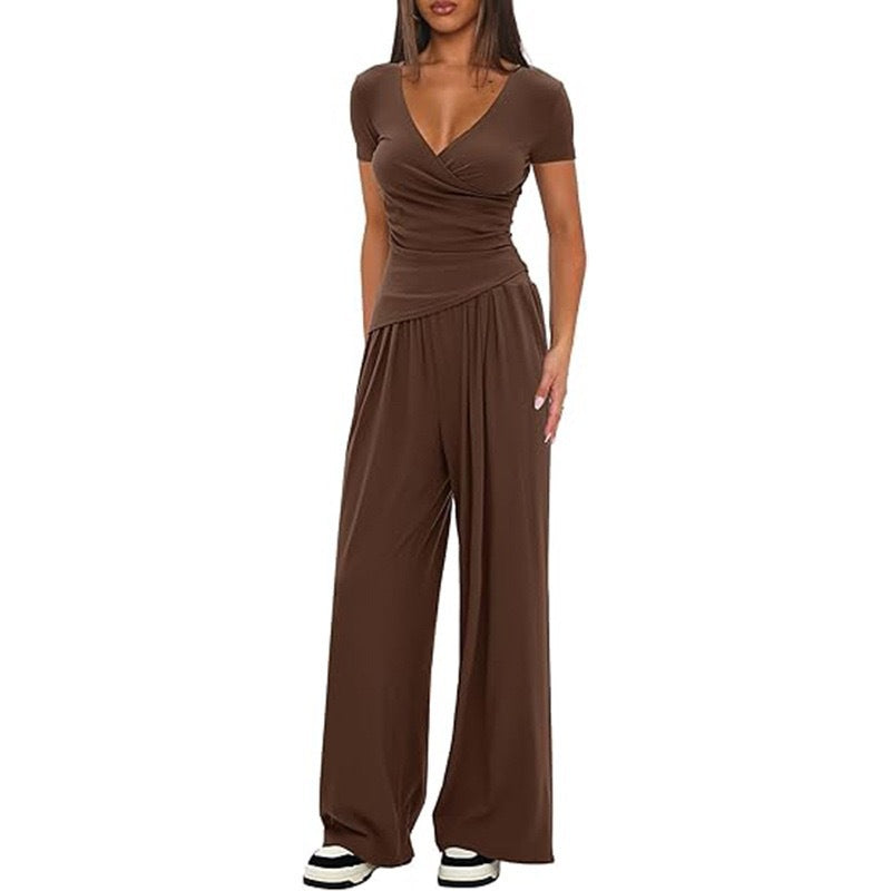 2 Pieces Women's V Neck Short-sleeve Sportswear Top And Wide-leg Pants Set Casual Comfortable Outfit Set For Daily Wear Gym Sports Outfit    Home Decor Supply | Online Retail | ShoreShopper.com