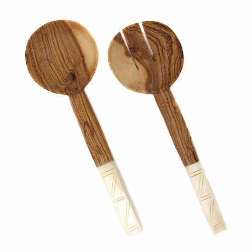 Olive Wood Salad Servers with Bone Handles, White with Square Design    Home Decor Supply | Online Retail | ShoreShopper.com