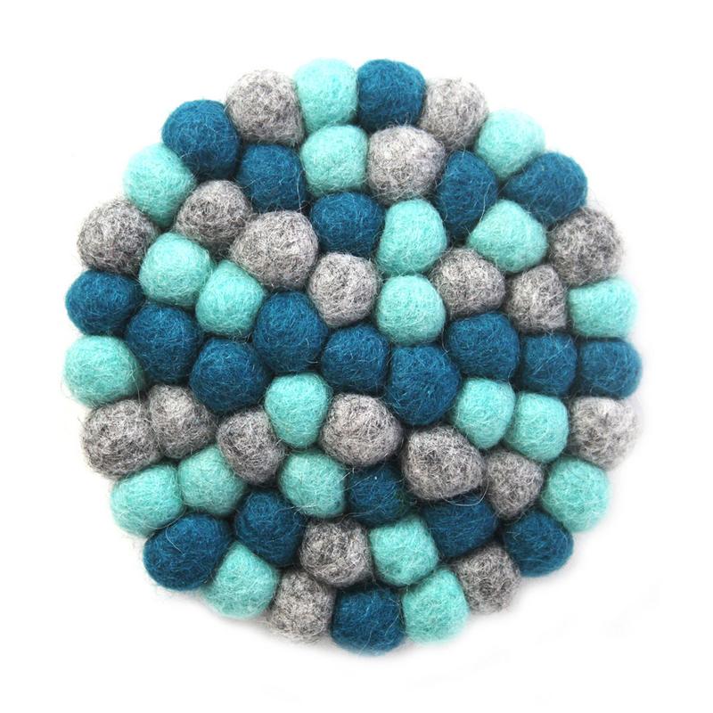 Hand Crafted Felt Ball Coasters from Nepal: 4-pack, Chakra Light Blues - Global Groove (T)    Home Decor Supply | Online Retail | ShoreShopper.com
