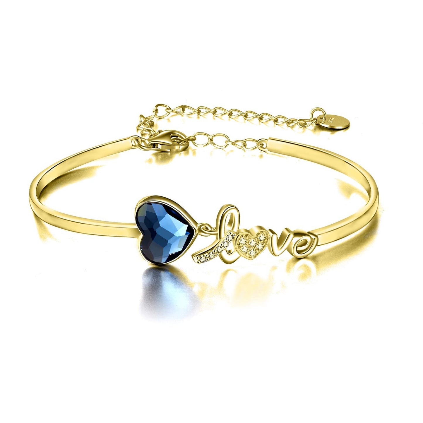 Blue Crystals from Austria Love Heart Bangle Bracelet in White Gold Plated Sterling Silver - ShoreCo.Shop