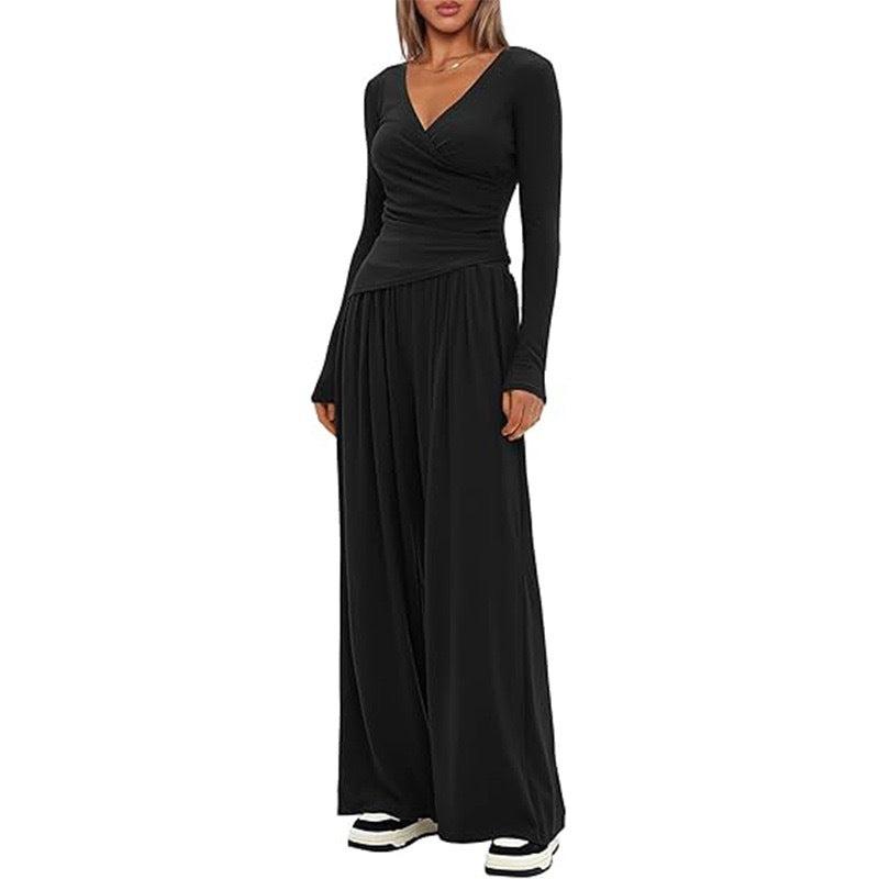 2 Pieces Women's V Neck Long-sleeve Sportswear Top And Wide-leg Pants Set Casual Comfortable Outfit Set For Daily Wear Gym Sports Outfit    Home Decor Supply | Online Retail | ShoreShopper.com