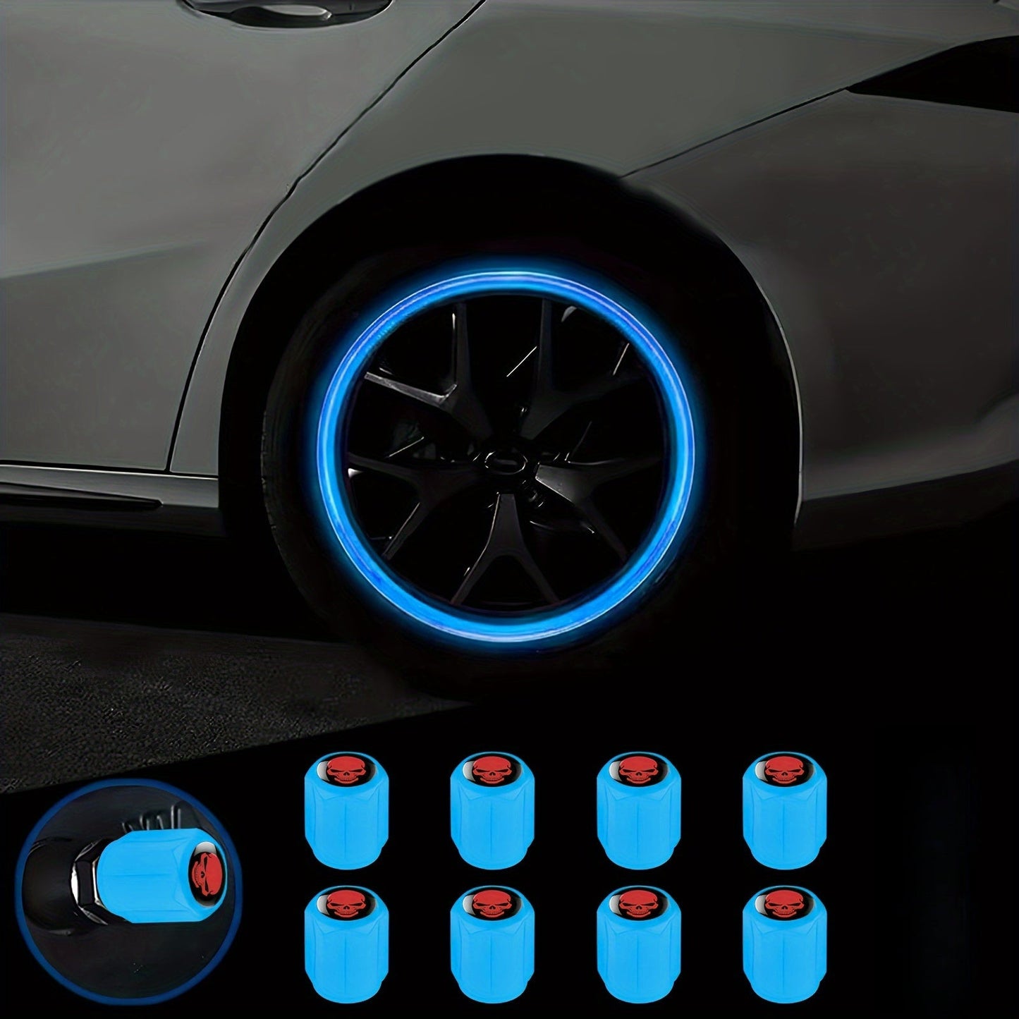 A Collection of Four Glowing Tire Valve Caps Designed to Stop Air from Escaping, Ideal for Vehicles Like Cars, Bikes, And Trucks, Adding a Fashionable Touch    Home Decor Supply | Online Retail | ShoreShopper.com