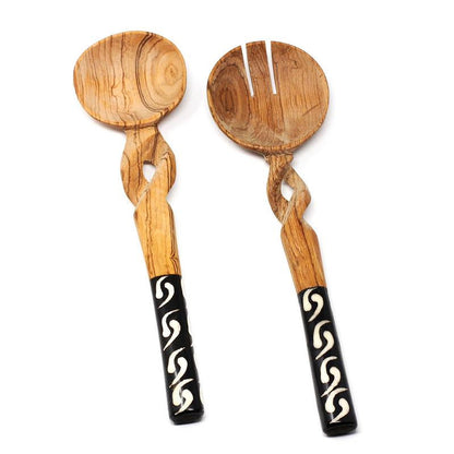 11-Inch Olive Wood Salad Serving Set with Twisted Handles - Jedando Handicrafts    Home Decor Supply | Online Retail | ShoreShopper.com