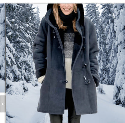 Winter Vintage Button Jackets Women's Warm Fleece Hooded Coat Casual Mid-Length Trench Top Outwear Clothing    Home Decor Supply | Online Retail | ShoreShopper.com