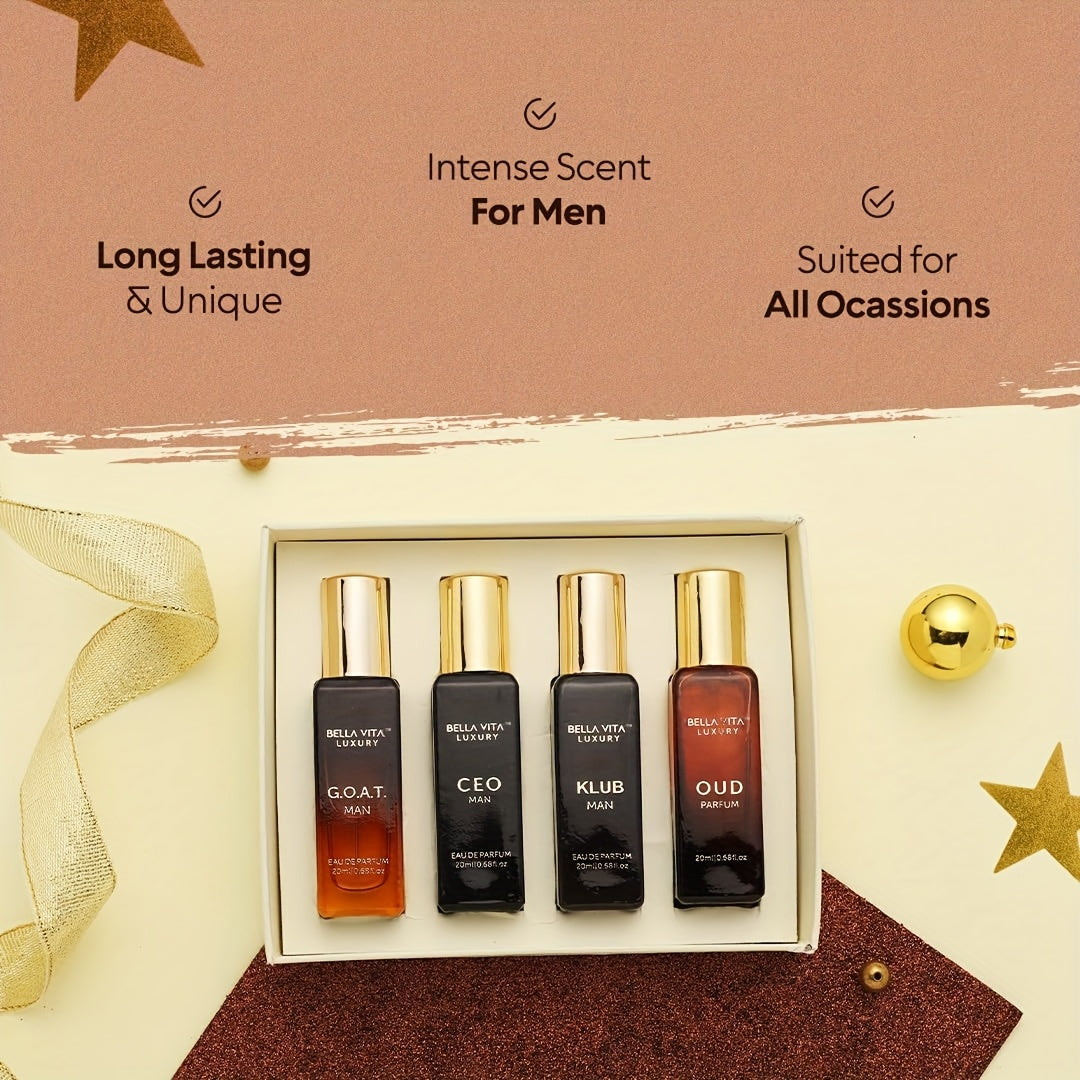 Bella Vita Luxury Long Lasting Perfume Gift Set for Man | 4x0.68oz | Gifts for Men | Woody, Citrusy, Oud, Premium Fragrance Scent | KLUB, OUD, CEO, G.O.A.T    Home Decor Supply | Online Retail | ShoreShopper.com