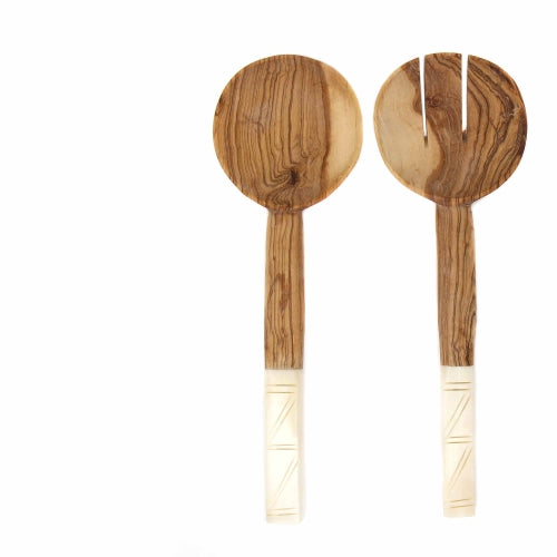 Olive Wood Salad Servers with Bone Handles, White with Square Design    Home Decor Supply | Online Retail | ShoreShopper.com
