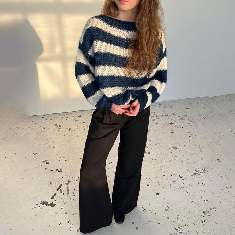Loose Striped Pullover Sweater Fashion Versatile Long-sleeved Knitted Tops For Women Clothing    Home Decor Supply | Online Retail | ShoreShopper.com