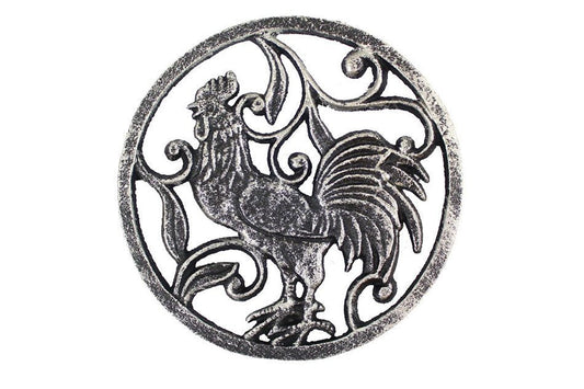Rustic Silver Cast Iron Rooster Trivet 8""    Home Decor Supply | Online Retail | ShoreShopper.com