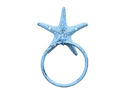 Rustic Dark Blue Whitewashed Cast Iron Starfish Towel Holder 8.5""    Home Decor Supply | Online Retail | ShoreShopper.com