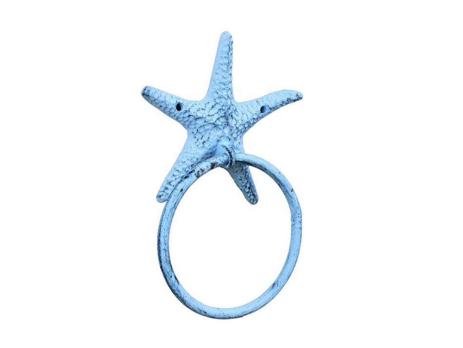 Rustic Dark Blue Whitewashed Cast Iron Starfish Towel Holder 8.5""    Home Decor Supply | Online Retail | ShoreShopper.com