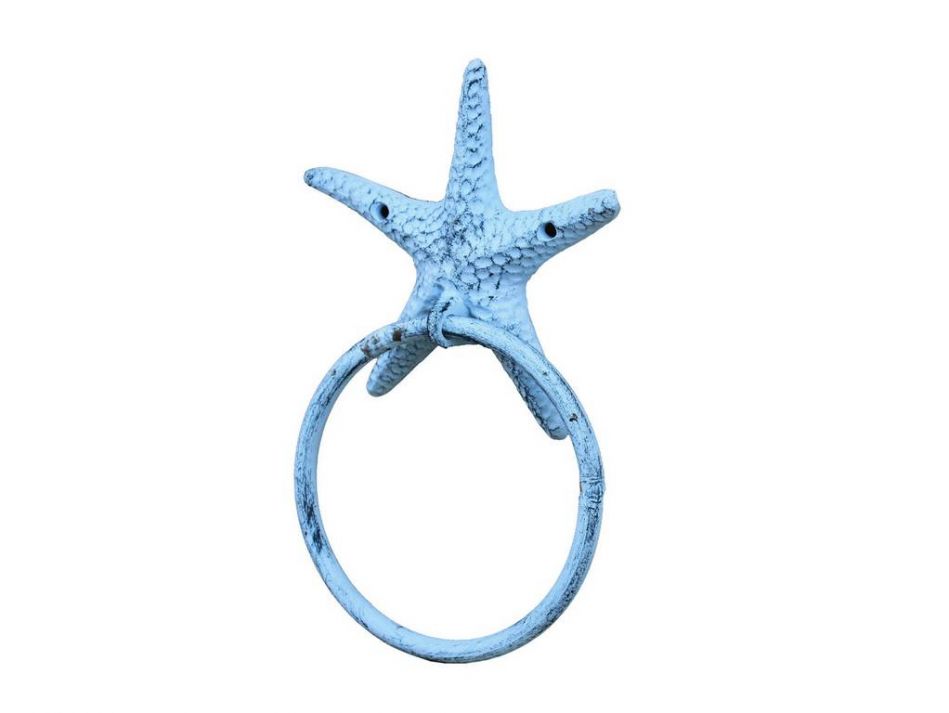Rustic Dark Blue Whitewashed Cast Iron Starfish Towel Holder 8.5""    Home Decor Supply | Online Retail | ShoreShopper.com