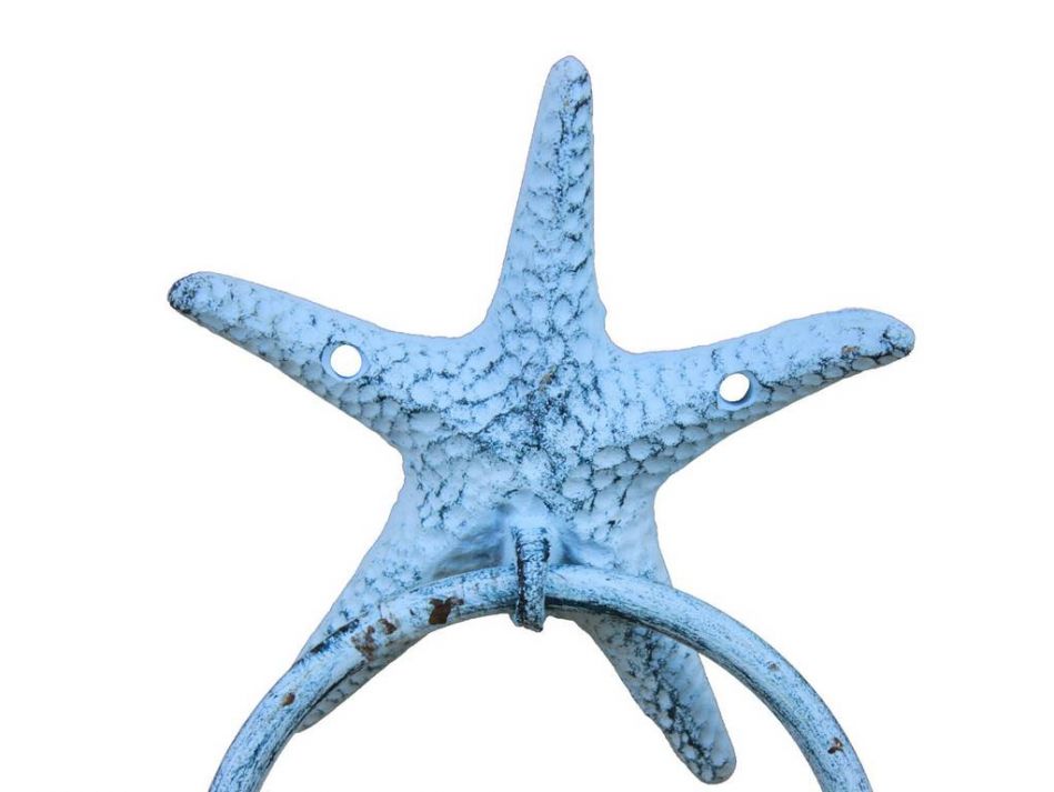 Rustic Dark Blue Whitewashed Cast Iron Starfish Towel Holder 8.5""    Home Decor Supply | Online Retail | ShoreShopper.com