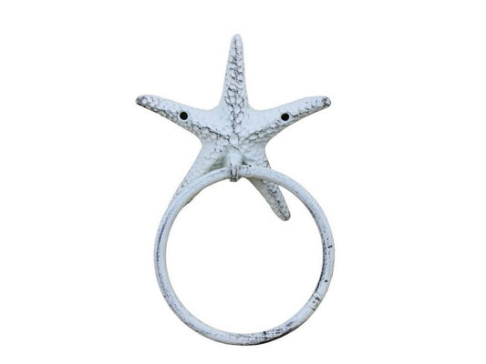 Rustic Whitewashed Cast Iron Starfish Towel Holder 8.5""    Home Decor Supply | Online Retail | ShoreShopper.com