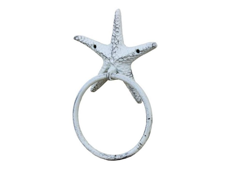 Rustic Whitewashed Cast Iron Starfish Towel Holder 8.5""    Home Decor Supply | Online Retail | ShoreShopper.com