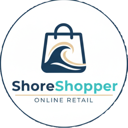 Logo of ShoreShopper with a shopping bag and wave design on a white background