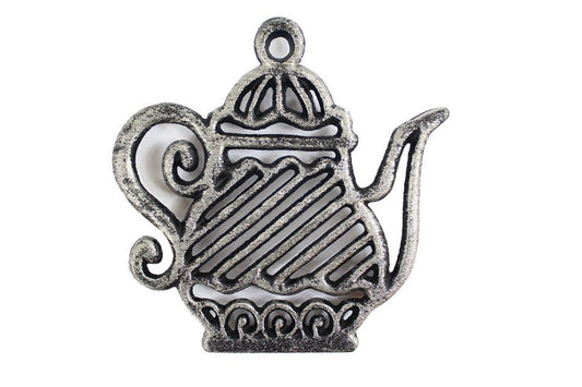 Rustic Silver Cast Iron Teapot Trivet 9""    Home Decor Supply | Online Retail | ShoreShopper.com