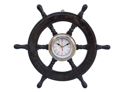 Deluxe Class Wood and Chrome Pirate Ship Wheel Clock 18""    Home Decor Supply | Online Retail | ShoreShopper.com