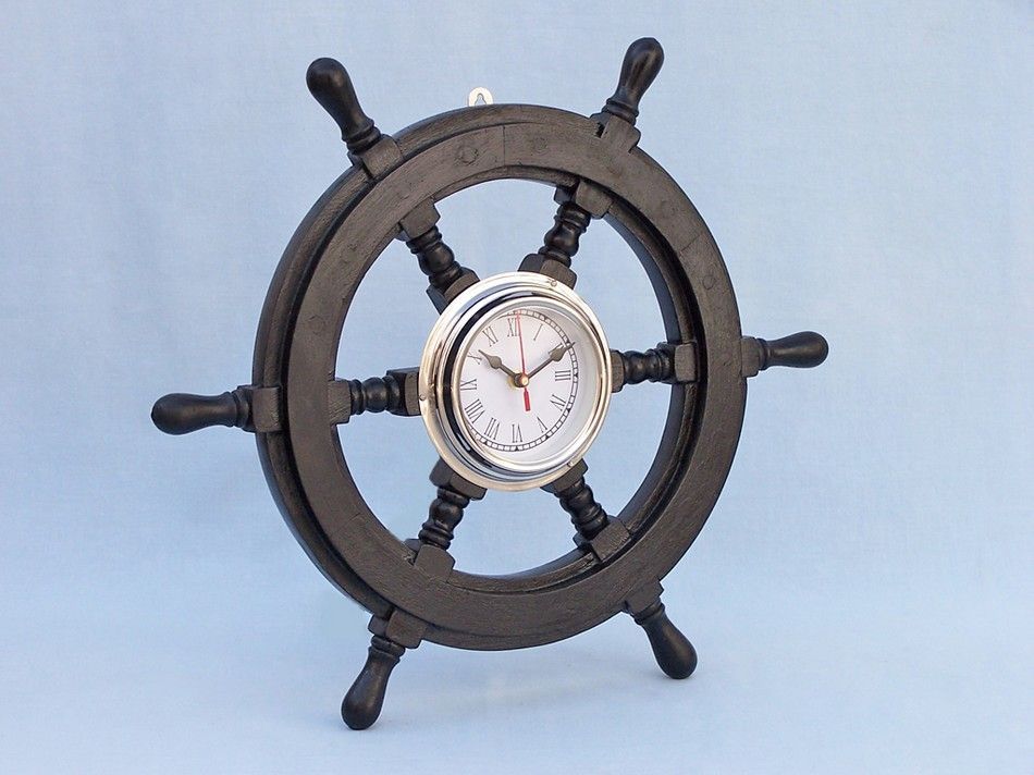 Deluxe Class Wood and Chrome Pirate Ship Wheel Clock 18""    Home Decor Supply | Online Retail | ShoreShopper.com